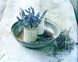 Lavender flowers in bowl & glass pot