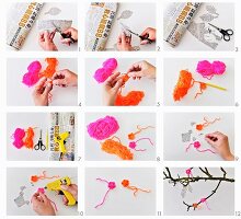 Making crochet flowers from neon wool and leaves from newspaper