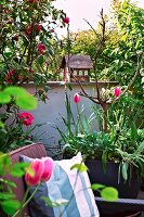 Sessel mit Kissen, im Hintergrund pinkfarbene Tulpen in Pflanzbehälter auf frühlingshafter Dachterrasse