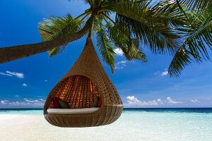 Hängesessel an Palme am Strand der Malediven