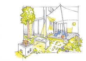 An illustration of a lighting concept for a terrace and a garden