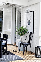Metal chairs and potted tree below picture of beetle on wall in conservatory