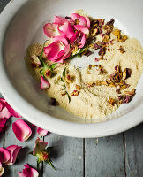 Ingredients for making almond and rosewater cleanser