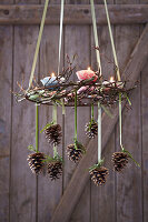 Suspended Advent wreath decorated with pine cones and candles in paper cake cases