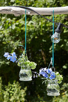 Small vases with delphiniums and fairy lights hanging from a branch in the garden