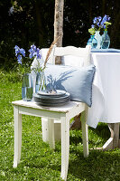 Wooden chair with blue cushion and delphinium in front of table in the garden
