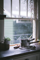Kochtöpfe auf Küchentheke vor dem Fenster