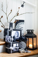 Christmas wrapping decorated with black and white photos