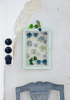 Pressed hydrangea flowers in a playful display case