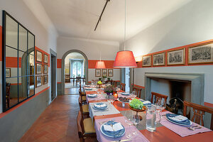 Set dining table in Mediterranean dining room