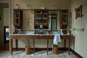 Antique, wood and marble twin washstand with cabinets on top