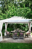 Seating area below pavilion