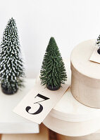 Miniature bottle brush Christmas trees on a stack of round gift boxes