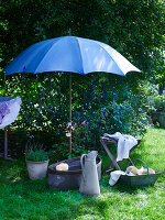 Old zinc bathtub and jug under a patio umbrella in a garden