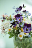 Spring bouquet with violas, forget-me-nots and daisies