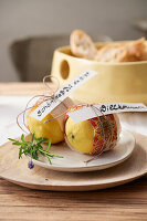 Lemons with labels as a welcome gift for a Mediterranean meal