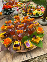 Autumn table with tea jelly and pumpkin pie