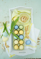 Colourful eggs, ribwort and bunny biscuits in a wooden tray