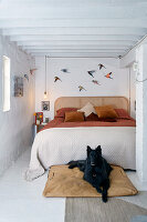 Schlafzimmer mit Rattanbett, Vogeldekoration an der Wand und schwarzem Hund