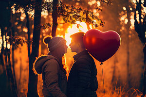 Young couple with heart-shaped balloon at sunset in the forest