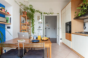 Kitchen with dining area, plants and open shelves