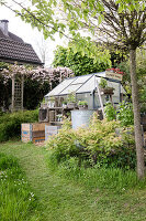 Small greenhouse with "Flower Market" sign in a garden