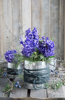 Hyacinths in tins with decoration