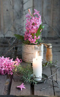 Hyazinthe (Hyacinthus) in dekorativer Dose neben brennender Kerze auf Holztisch