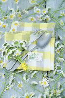 Garden table with cutlery and daisies on chequered cloth