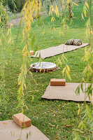 Yoga set-up under a tree in the garden