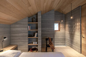 Modern bedroom with concrete walls and wooden ceiling
