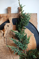 Juniper branch on rustic chopping boards