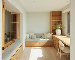 Raum mit Sitzbänken mit Stauraum, Schreibtisch aus Holz, Holzregal und Holzboden