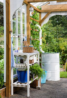 Garden workstation in the greenhouse with wooden shelving, garden accessories and rain barrel