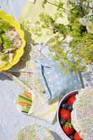 Summer picnic with fruit, vegetables and flowers, homemade bread bags made from oilcloths