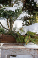 Weihnachtliche Eisdekoration mit Tannenzweigen im winterlichen Garten