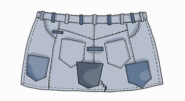 Illustration of a blue denim skirt with various pockets and seams