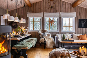 Scandinavian living room with wood panelling, fireplace and dog