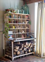 Rustic shelf wall with decorative objects and wood storage
