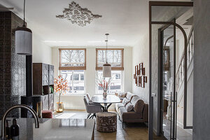 Dining room with fireplace and decorative ceiling ornament