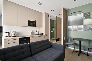 Compact studio flat with integrated kitchen and light green wall