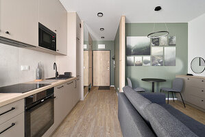 Compact studio flat with green accent wall and modern furnishings