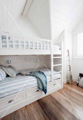 Bedroom With White Bunk Beds And Blue Buy Image