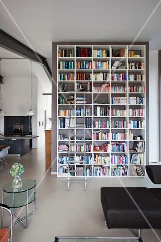 Hohes Bücherregal mit Leiter vor Raumteiler, im Vordergrund Retro ... Hohes Bücherregal mit Leiter vor Raumteiler, im Vordergrund Retro ...