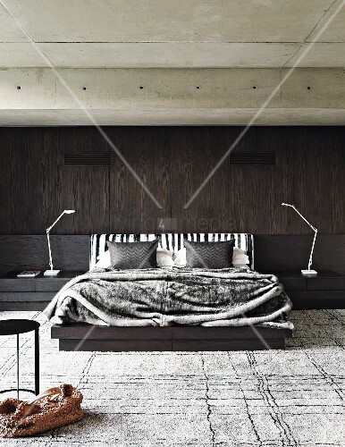 Masculine Bedroom With Dark Wooden Wall Buy Image