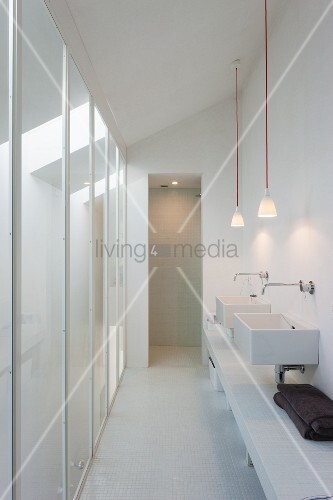 Narrow White Washing Area With Twin Buy Image