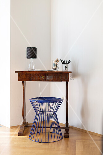 Blue Wire Stool At Antique Writing Desk Image 11501620 Blue Wire Stool At Antique Writing Desk