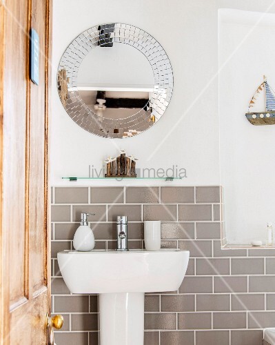 Round Mirror And Half Height Tiled Wall Buy Image