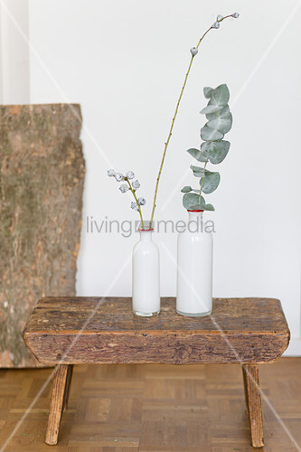 Two White Vases With Eucalyptus Twigs On Buy Image 12478168