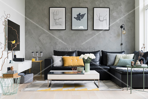 Black Leather Couch And Coffee Table In Buy Image 12550200
